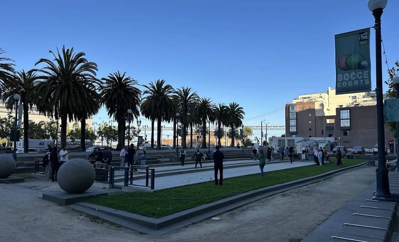 A group gathering at the Ferry Bocce courts